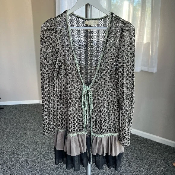A'Reve Lace Knit Cardigan with Ruffle Hem in Black Gray Beige and Sage - Picture 1 of 8